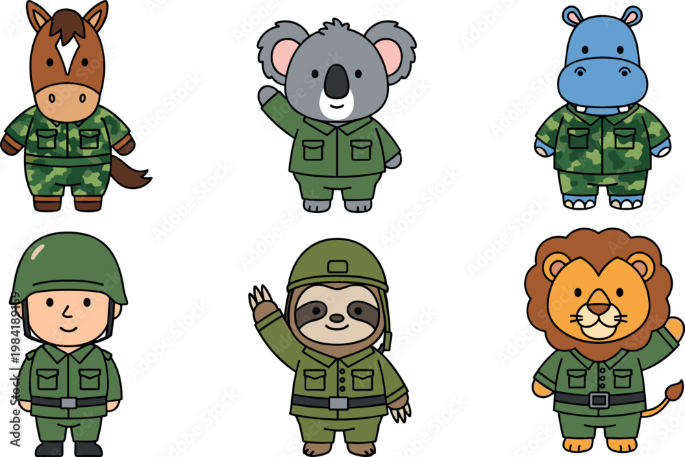 Obraz premium Cute animal soldiers character set with horse koala hippo lion and sloth in military uniforms isolated cartoon vector illustration