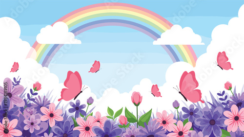 Beautiful field of purple and pink flowers blooms under a bright rainbow in a clear blue sky with colorful butterflies fluttering about.