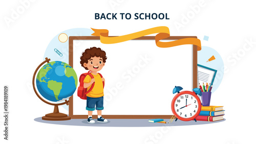 Enthusiastic schoolboy stands next to a large blank whiteboard surrounded by school supplies like a globe, clock, books, and pencils.
