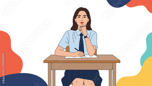 Female student in a classic school uniform sits thoughtfully at a wooden desk with a notebook and pen ready for a productive study day.