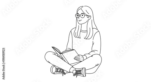 Line Art Drawing of a Young Woman Reading a Book While Sitting Cross-Legged.
