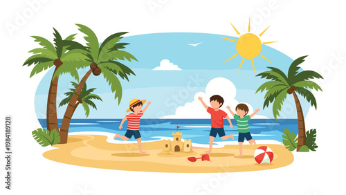 Group of young children plays happily on a sunny tropical beach building a sandcastle near palm trees with a bright yellow sun above.