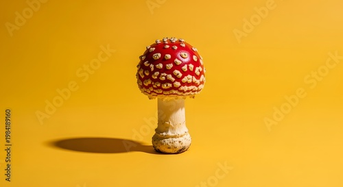 Vibrant Red and White Spotted Mushroom Isolated on a Bright Yellow Background.