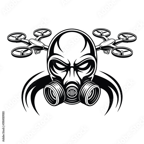 Mysterious figure with drone attachments and gas mask in a futuristic design