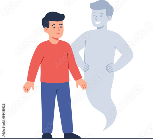 A man interacts with his ghostly apparition standing beside him indoors.