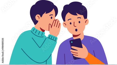 Two men share a secret conversation while one looks at a smartphone.