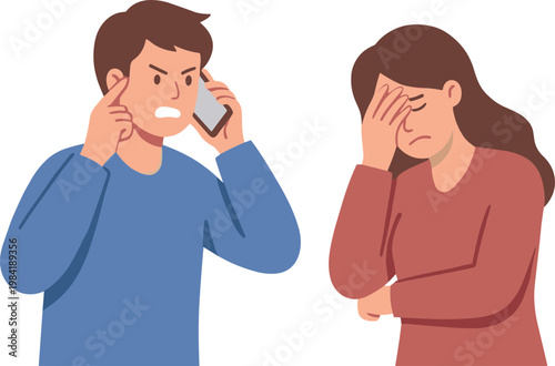 A man talks on the phone while a woman covers her face in frustration.