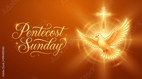 Golden holy spirit pigeon and cross illustration on a vibrant gradient background celebrating a religious holiday, pentecost sunday concept card