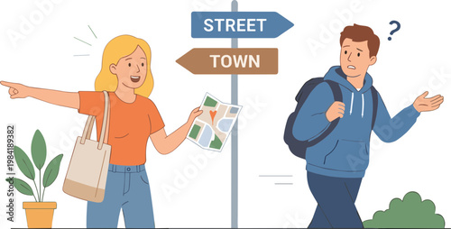 Woman and man standing confused on street corner with signpost in town