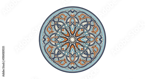 Intricate Celtic knotwork mandala design featuring blue and orange interlacing patterns on a white background. Round decorative medallion with a central eight-pointed star motif.
