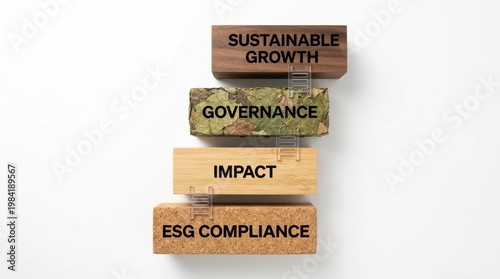 Wooden blocks stacked vertically with sustainable growth governance impact ESG compliance