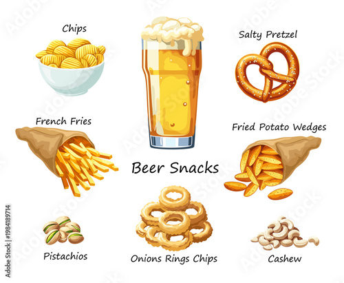 Variety of snacks served with beer. Vector illustration in EPS 10 format