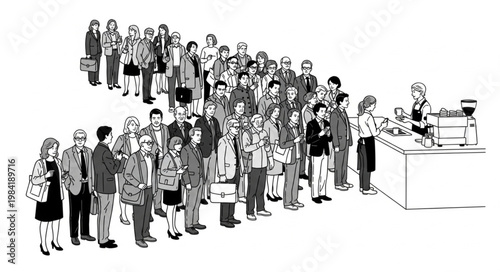 Large Queue of People Waiting in Line at a Service Counter.