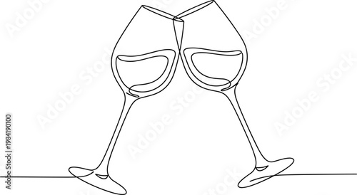 Minimalist continuous one line drawing of two wine glasses clinking for a toast at a celebration dinner or romantic date isolated on white background.