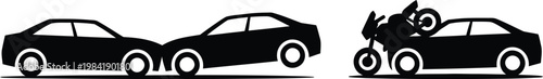 Black and white silhouette illustration of car collisions and motorcycle traffic accidents