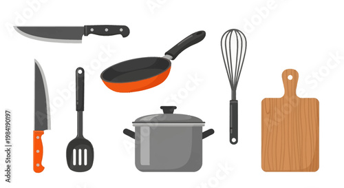 Set of kitchen utensils including chef's knife, paring knife, slotted spatula, orange frying pan, cooking pot with lid, balloon whisk, and wooden cutting board isolated on white.