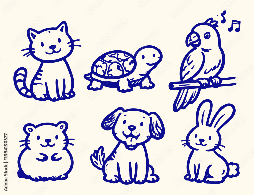 Naklejka premium Cute pet animal doodle line art set with cat dog turtle bird bunny and hamster vector