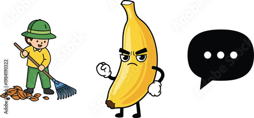 Gardener raking leaves angry banana mascot and speech bubble icon cartoon vector illustration collection