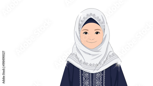 Portrait of a young Muslim girl wearing a white floral hijab and dark blue traditional dress looks serene and content.