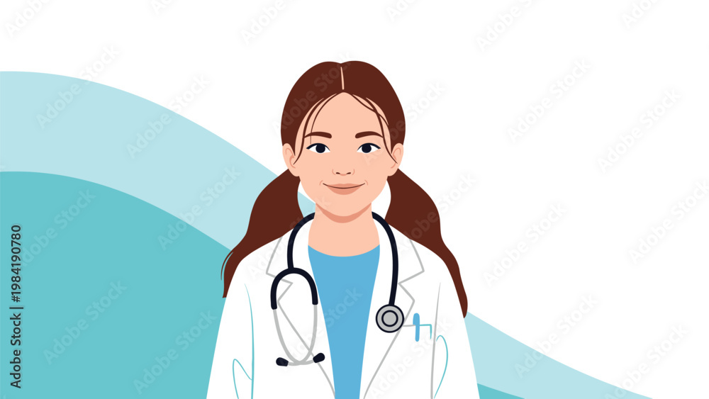 Fototapeta premium Smiling young girl dressed as a professional doctor wearing a white lab coat and a stethoscope around her neck on a blue background.