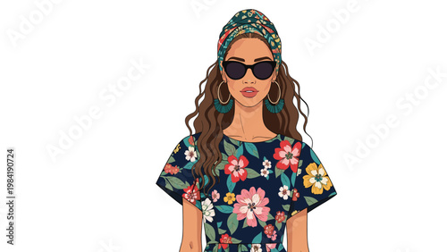 Fashionable woman with long curly hair wears a stylish headwrap, large earrings, and a dark blue floral dress on a white background.