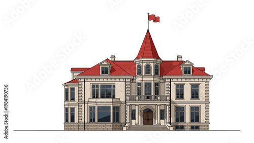 Grand historic mansion features a central tower with a red conical roof and a flag surrounded by numerous windows and classical pillars.