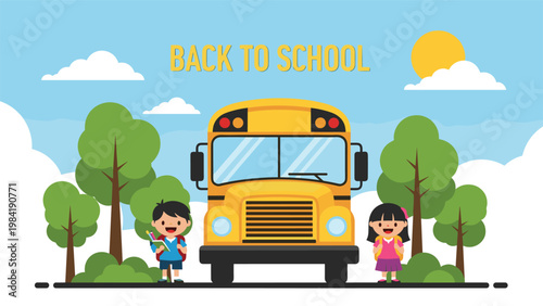 Two young students carry their backpacks and books while standing in front of a yellow school bus in a peaceful park setting at noon.