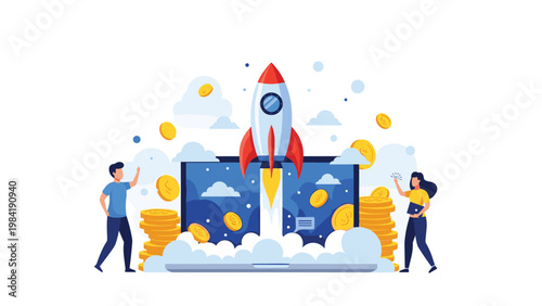 Red and white rocket ship takes off from a laptop screen surrounded by floating gold coins and fluffy white clouds on a blue background.
