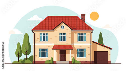 Modern two-story suburban house features a red tile roof and a tan stone exterior with green trees and a garage under a bright sun.