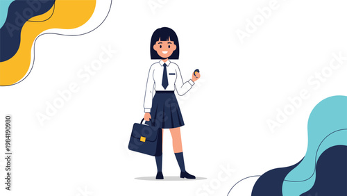 Young female student in a white shirt and navy blue skirt holds a briefcase and a small circular object on an abstract background.