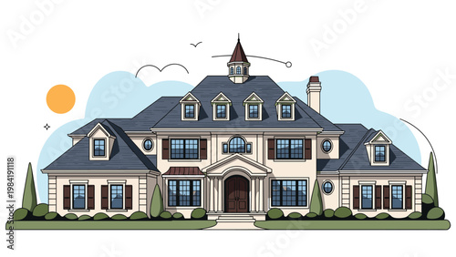 Majestic luxury mansion features a sprawling design with multiple dormer windows and detailed landscaping under a bright yellow sun.