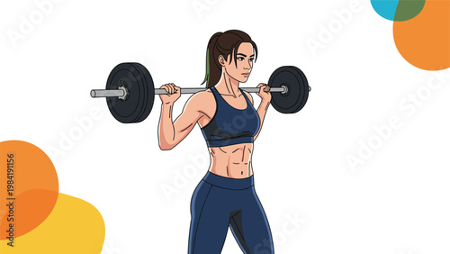 Athletic young woman in a blue sports bra and leggings performs a heavy squat with a weighted barbell against a simple background.