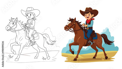 Illustrative comparison displays a young cowboy riding a brown horse in both a simple line art sketch and a vibrant full color version.