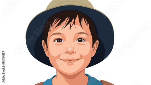 Close up portrait of a young boy with dark eyes and a gentle smile wearing a blue sun hat, shown against a plain white background.