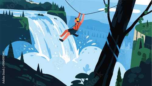 Illustration Of A Person Gliding On A Flying Fox Over A Large Waterfall Vector Design Template
