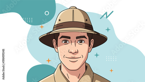 Portrait of a man with a friendly expression wearing a traditional tan pith helmet against an abstract blue background with shapes.