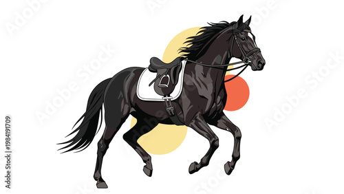 Powerful black horse with a white saddle pad and bridle gallops gracefully against a background of soft yellow and orange circles.