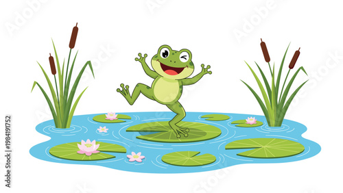 Cheerful green frog winking and dancing on a lily pad in a blue pond surrounded by cattails and pink water lilies in a bright spring scene.