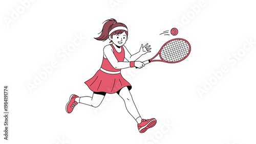 Young girl in red tennis dress and headband running with a racket to hit a tennis ball during a competitive sports match on a white background.