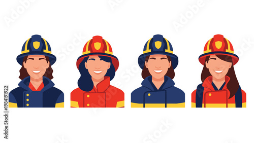 Row of four diverse female firefighters in professional protective gear and helmets, displaying pride and readiness for emergency response.