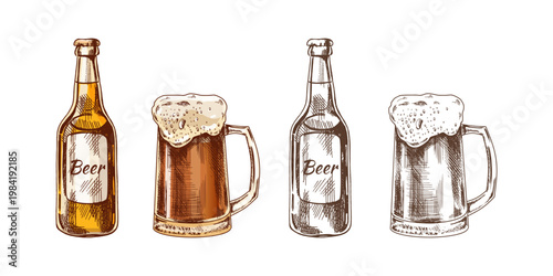 Hand drawn vintage sketch set of beer bottle and mug with foam in color and monochrome illustration