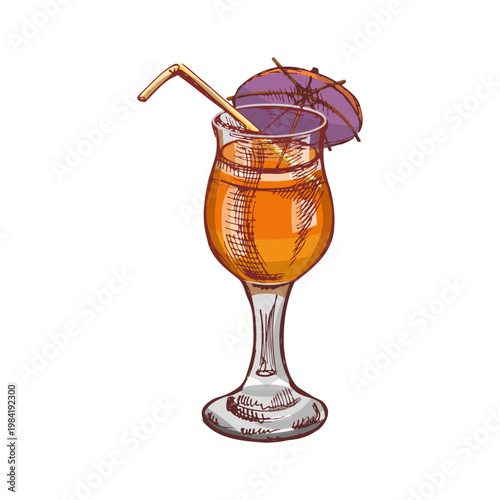 Hand drawn vintage sketch of cocktail glass with straw and umbrella garnish in bright orange tropical drink