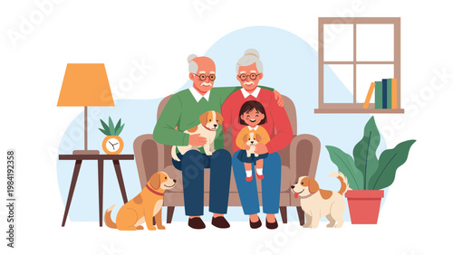 Happy grandfather and grandmother sitting on a sofa with their granddaughter and four cute dogs in a cozy home living room.