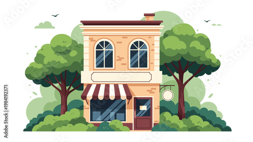 Charming two story brick building with a striped awning and decorative trees serves as a local boutique or vintage shop.
