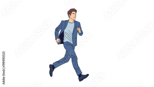 Energetic man wearing a smart blue business suit running forward with a smile against a clean and minimal white background.