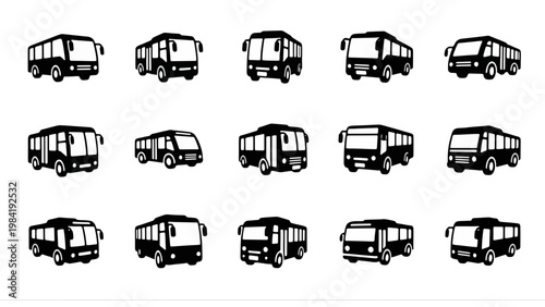 Public Transportation Bus Vector Collection Featuring Diverse Transit Vehicle Perspectives and Modern City Coach Outlines