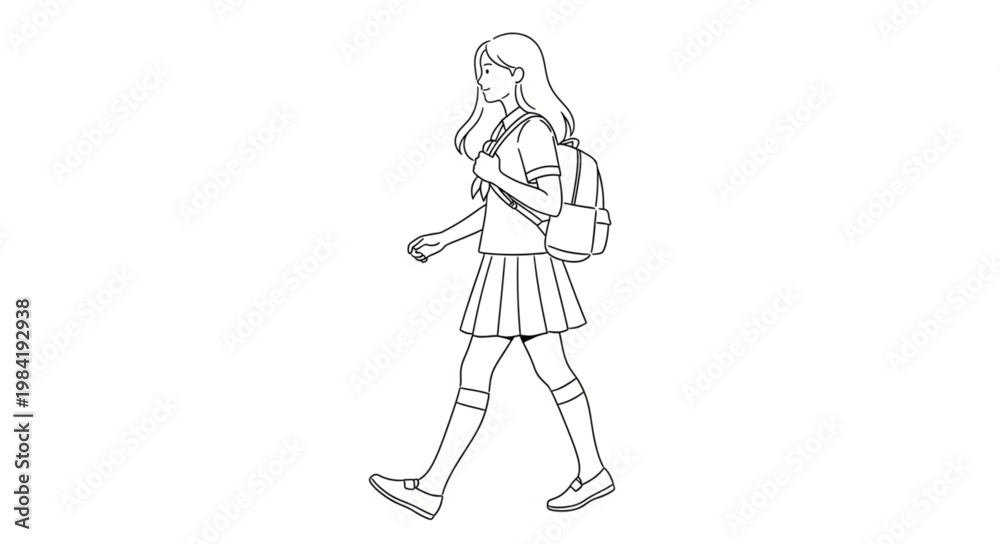 Obraz premium Line Art Illustration of a Schoolgirl Walking with Backpack.