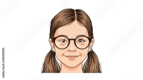 Cute young girl with brown pigtails and round glasses smiling warmly as she looks forward against a plain white background.
