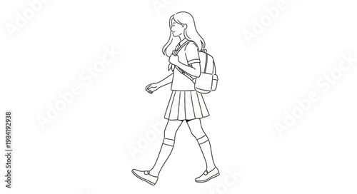 Line Art Illustration of a Schoolgirl Walking with Backpack.