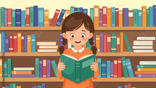 Little girl with pigtails sitting in a library reading a green book while surrounded by shelves full of colorful storybooks.